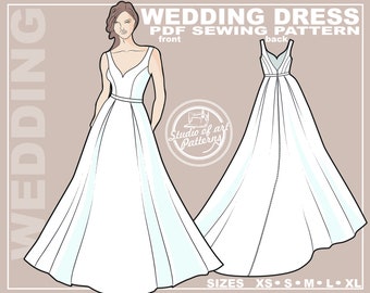 PATTERN WEDDING DRESS. Sewing Pattern Wedding gown with Train. Digital Pack 5 sizes. Instant Download.