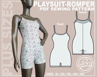 Plus Size Bodycon Playsuit Sewing Pattern: Romper Bodysuit (PDF Digital Download, 5 Sizes XL-5XL, A4 Print-at-home/A0 Plotter Format)
