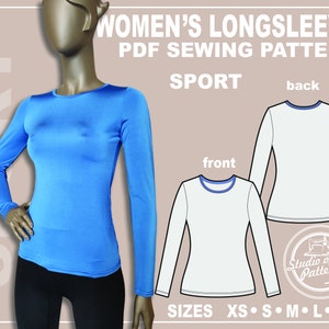 PATTERN WOMEN'S LONGSLEEVE. Sewing Pattern Longsleeve. Digital Pack 5 sizes. Print-at-home