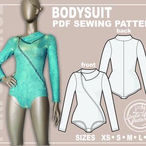 PATTERN WOMEN&#39;S BODYSUIT. Sewing Pattern slant-line zip Bodysuit. Digital Pack 5 sizes. Instant Download. Print-at-home