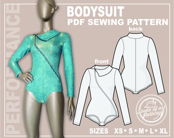 Puede incluir: Un patrón de costura para un body con una cremallera diagonal. El patrón incluye instrucciones para la parte delantera y trasera de la prenda. El patrón está disponible en las tallas XS, S, M, L y XL.