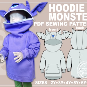 May include: A lilac monster hoodie with a zip-up mouth, ears, and horns, modelled on a child. The image includes a pattern with front and back views, and the text "HOODIE MONSTER PDF SEWING PATTERN". The pattern includes sizes for children aged 2 to 7 years.