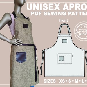 May include: A unisex apron sewing pattern in PDF format. The pattern includes instructions for making an apron with two pockets, one on the chest and one on the lower front. The apron is shown in a light brown color with brown leather accents. The pattern is available in sizes XS, S, M, L, and XL.
