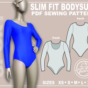 May include: A PDF sewing pattern for a slim fit bodysuit with long sleeves. The pattern includes instructions for both the front and back pieces. The pattern is available in sizes XS, S, M, L, and XL.