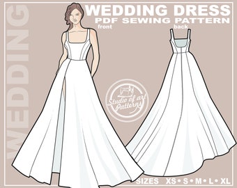 PATTERN WEDDING DRESS. Sewing Pattern Wedding gown with square neckline. Digital Pack 5 sizes. Instant Download.