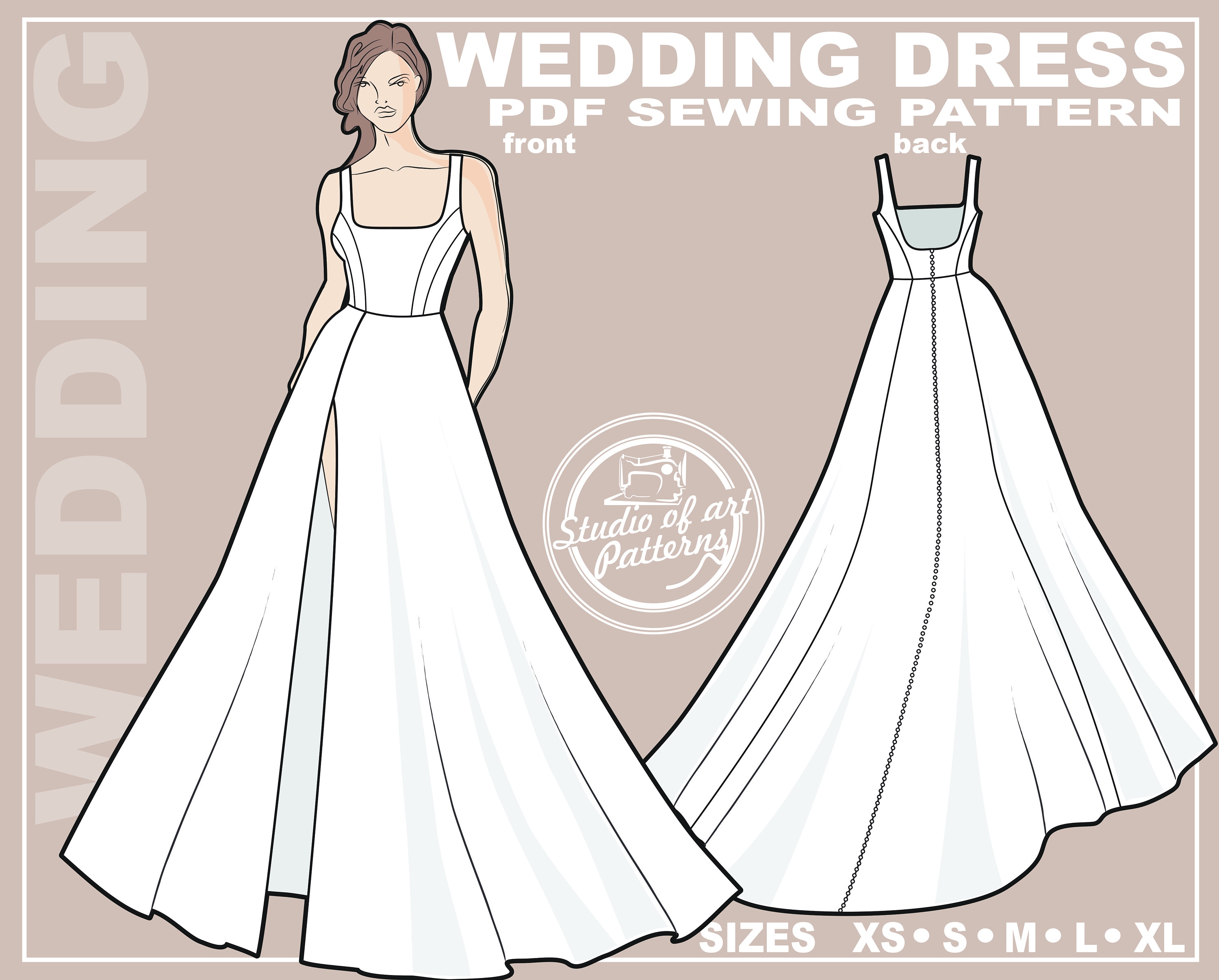 Wedding Dress Sewing Pattern: Square Neckline Gown, Slit Skirt (PDF Digital, 5 Sizes XS-XL, A4 Print-at-home/a0 Plotter Format)