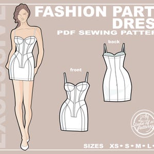 Può includere: Un cartamodello PDF per un abito da festa, con un disegno al tratto di un abito corto con corpetto stile corsetto, spalline sottili e silhouette aderente. L'illustrazione mostra le viste anteriore e posteriore, con taglie XS, S, M, L e XL.