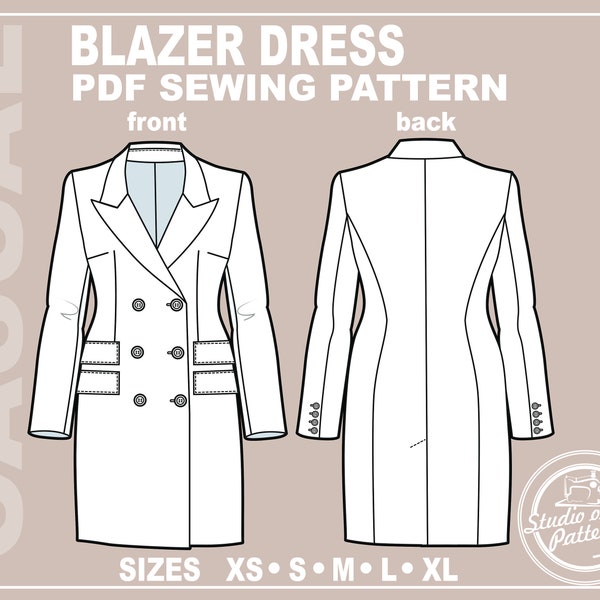 PATTERN BLAZER DRESS. Sewing Pattern Blazer Dress. Digital Pack 5 sizes. Instant Download. Print-at-home