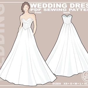 Puede incluir: Ilustración de un vestido de novia blanco sin tirantes, vistas delantera y trasera, con escote corazón y falda amplia. La imagen incluye el texto "WEDDING DRESS PDF SEWING PATTERN" y opciones de tallas.