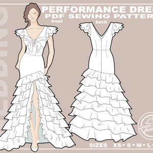 Puede incluir: Patrón de costura PDF de un vestido de actuación blanco, con vistas delantera y trasera. La vista frontal muestra un vestido con cuello en V, detalle de lazo y volantes en capas. Tallas XS a XL disponibles.