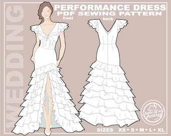 May include: A white Performance Dress PDF sewing pattern with front and back views. The front view shows a dress with a V-neck, bow detail, and tiered ruffles. The back view also has a V-neck and tiered ruffles. Sizes XS to XL are available.