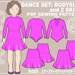 May include: A pink dance set sewing pattern for a bodysuit and two skirts. The pattern includes sizes 2Y-7Y. The pattern is illustrated with a girl wearing the bodysuit and skirt.