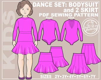 Kids Dance Sewing Pattern: Bodysuit & Skirts (PDF Digital Download, 6 Sizes 2-7 Years, A4 Print-at-Home/ A0 Plotter Format)