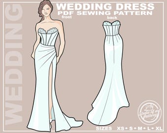 Mermaid Wedding Dress Sewing Pattern: Bridal Gown with Drapery (Digital PDF, 5 sizes)