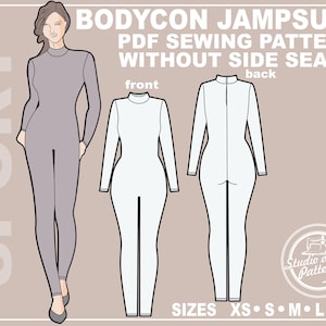Könnte beinhalten: Ein digitales Schnittmuster für einen figurbetonten Jumpsuit. Das Schnittmuster enthält Anweisungen zum Nähen eines Jumpsuits ohne Seitennähte. Das Schnittmuster ist in den Größen XS, S, M, L und XL erhältlich.