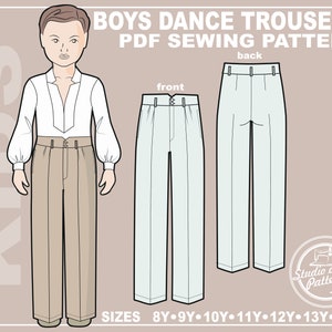 Könnte beinhalten: Ein PDF-Schnittmuster für Jungen-Tanzhosen. Das Schnittmuster enthält Anleitungen für Vorder- und Rückseite der Hose. Das Schnittmuster ist in den Größen 8Y-14Y erhältlich. Das Bild zeigt eine Strichzeichnung eines Jungen, der die Hose trägt.