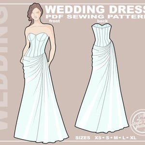 May include: A digital illustration of a strapless wedding dress sewing pattern, showing front and back views in light blue. Text reads: WEDDING DRESS PDF SEWING PATTERN, front, back, SIZES XS S M L XL, and Studio of art Patterns.