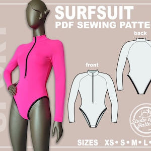 May include: A PDF sewing pattern for a long-sleeved surf suit with a zipper. The pattern includes front and back views and is available in sizes XS, S, M, L, and XL. The text "SURFSUIT PDF SEWING PATTERN" is at the top of the image.