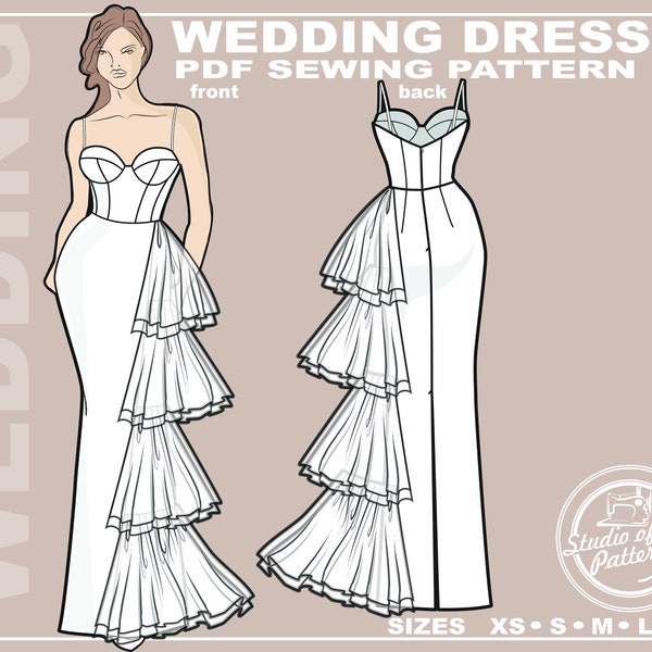 PATTERN WEDDING DRESS. Sewing Pattern Wedding gown with frills. Pattern Evening gown with frills. Digital Pack 5 sizes.