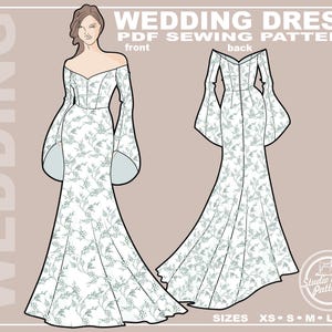 Könnte beinhalten: Digitale Illustration eines Schnittmusters für ein Hochzeitskleid. Die Vorderansicht zeigt ein schulterfreies Kleid mit Glockenärmeln und floralem Muster. Die Rückansicht ist ebenfalls abgebildet. Text enthält "WEDDING DRESS" und Größen XS bis XL.