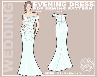 Couture Mermaid Gown Sewing Pattern, Draped Evening Dress  (PDF Digital Download, 5 Sizes XS-XL, A4 Print-at-home/A0 Plotter Format)