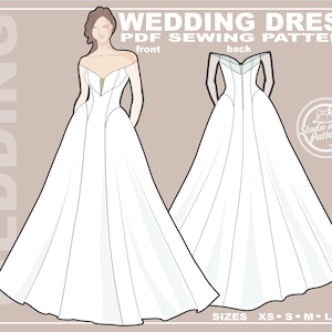 Può includere: Illustrazione di un modello di cucito per abito da sposa bianco. La vista frontale mostra una sposa che indossa l'abito e la vista posteriore mostra il design dell'abito. Il testo include "WEDDING DRESS PDF SEWING PATTERN" e taglie XS a XL.