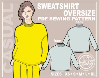 Oversized Sweatshirt Sewing Pattern (PDF Digital Download, 5 Sizes XS-XL, A4 Print-at-home/A0 Plotter Format)