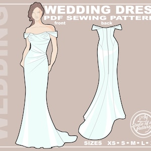 May include: Illustration of a wedding dress sewing pattern. The front view shows a light blue off-the-shoulder gown with a fitted bodice and flowing skirt. The back view shows the dress with a train. Text includes "WEDDING DRESS" and sizes.