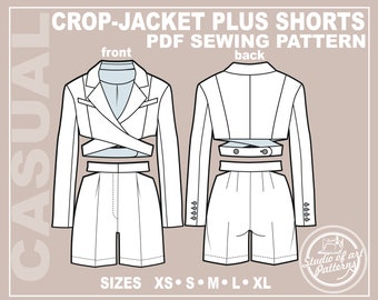Misses' Outfit Sewing Pattern: Crop Jacket with Tie Belt & Shorts (PDF Digital Download, 5 Sizes XS-XL, A4 Print-at-home/A0 Plotter Format)