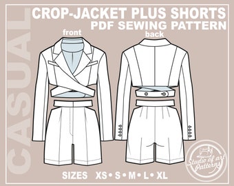 PATTERN WOMEN'S OUTFIT: Crop-Jacket and Shorts. Sewing Pattern Crop-Jacket and Shorts. Digital Pack 5 sizes. Instant Download. Print-at-home