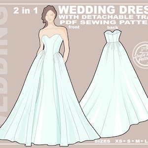 Może przedstawiać: Ilustracja jasnoniebieskiej sukni ślubnej z odpinanym trenem. Suknia ma gorset bez ramiączek i obszerną spódnicę. Na obrazku widnieje napis "WEDDING DRESS WITH DETACHABLE TRAIN PDF SEWING PATTERN". Rozmiary XS-XL.