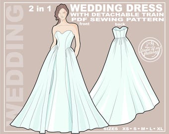 Wedding Dress Sewing Pattern with Detachable Train (PDF Digital Download, 5 Sizes XS-XL, A4 Print-at-Home/ A0 Plotter Format)