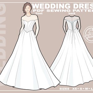 Könnte beinhalten: Digitale Illustration eines Schnittmusters für ein Hochzeitskleid. Die Vorderansicht zeigt ein weißes Kleid mit herzförmigem Ausschnitt und langen Ärmeln. Die Rückansicht zeigt ein Schnürdetail. Text enthält "WEDDING DRESS" und "PDF SEWING PATTERN". Größen XS-XL.