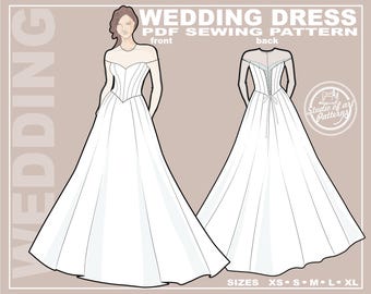 Schnittmuster für ein klassisches Brautkleid: Korsett und Rock mit Ballkleid (PDF Digital, XS-XL, A4 Print-at-home/A0 Plotter Format)