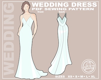 Meerjungfrau Brautkleid Schnittmuster mit Spitze im Rücken (PDF Digital Download, 5 Grössen XS-XL, A4 Print-at-Home/ A0 Plotter Format)