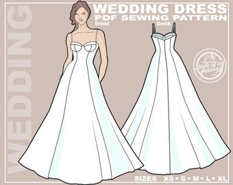May include: A digital illustration of a white wedding dress sewing pattern. The front and back views are shown, with a fitted bodice and flowing skirt. Text includes "WEDDING DRESS PDF SEWING PATTERN" and size options. The Studio of Art Patterns logo is visible.
