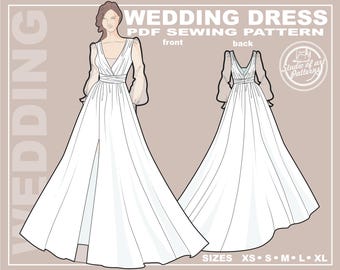 Chiffon Brautkleid Schnittmuster: Luftiger Rock und transparente Ärmel (PDF Digital Download, 5 Grössen XS-XL, A4 Print-at-Home/A0 Plotter Format)