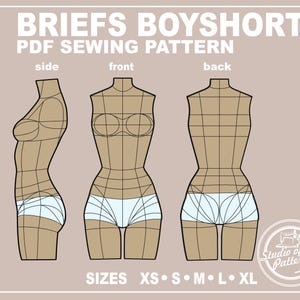 May include: A PDF sewing pattern for briefs and boyshorts. The design is displayed in side, front, and back views on a mannequin. The pattern includes sizes XS, S, M, L, and XL. The word "UNDERWEAR" is printed vertically on the left side.