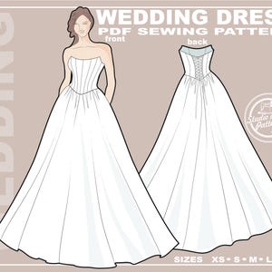 May include: Illustration of a white wedding dress sewing pattern. The front view shows a strapless bodice and full skirt. The back view features a laced bodice. Text includes "WEDDING DRESS" and "PDF SEWING PATTERN". Sizes XS to XL are listed.