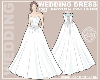 Schnittmuster für ein klassisches trägerloses Brautkleid: Korsett und Ballkleid-Rock (PDF Digital, 5 Grössen XS-XL, A4 Print-at-home/A0 Plotter Format)