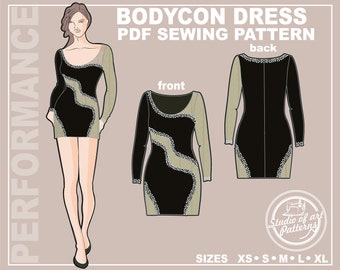 PATTERN BODYCON DRESS. Sewing Pattern Mini Dress. Digital Pack 5 sizes. Instant Download. Print-at-home