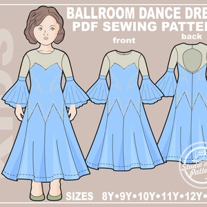 Puede incluir: Un patrón de costura PDF para un vestido de baile de salón para niñas en tallas 8Y-13Y. El patrón incluye instrucciones para un vestido azul con escote de corazón, mangas largas y un escote en la espalda. El vestido tiene un corpiño ajustado y una falda fluida.