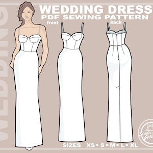 Wykrój sukni ślubnej z gorsetem: suknia ołówkowa (plik PDF do pobrania w wersji cyfrowej, 5 rozmiarów XS-XL, format A4 do druku w domu/format A0 do plotera)