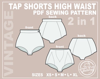 PATTERN TAP SHORTS High Waist. Sewing Pattern Tap Shorts. Digital Pack 5 sizes. Print-at-home