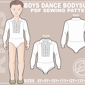 Könnte beinhalten: Ein weißes Tanz-Bodysuit-Nähmuster für Jungen. Das Muster enthält eine Vorderseite, eine Rückseite und eine Ganzkörperillustration eines Jungen, der den Bodysuit trägt. Das Muster ist in den Größen 8Y-9Y-10Y-11Y-12Y-13Y-14Y erhältlich.