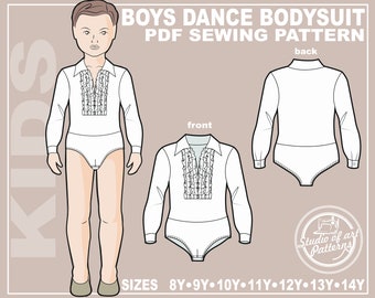 May include: A white dance bodysuit sewing pattern for boys. The pattern includes a front, back, and a full-body illustration of a boy wearing the bodysuit. The pattern is available in sizes 8Y-9Y-10Y-11Y-12Y-13Y-14Y.