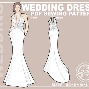 Puede incluir: Una ilustración digital de un patrón de costura PDF para vestido de novia que muestra la parte delantera y trasera de un vestido largo con escote halter y detalle de cintura fruncida. El texto dice WEDDING DRESS PDF SEWING PATTERN, SIZES XS S M L XL y Studio of art Patterns.