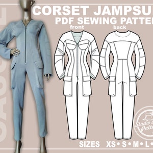 Peut inclure: Un patron de couture numérique pour une combinaison corset. Le patron comprend une vue de face et de dos du vêtement. Le patron est disponible dans les tailles XS, S, M, L et XL. Le texte "Studio of art Patterns" est dans un cercle avec une icône de machine à coudre.