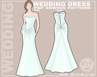 Mermaid Wedding Dress Sewing Pattern: Corset Bodice, Draped Skirt (PDF Digital Download, 5 Sizes XS-XL, A4 /A0 Plotter Format)