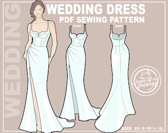 PATTERN WEDDING DRESS. Sewing Pattern Bridal gown featuring draping. Digital Pack 5 sizes. Instant Download.